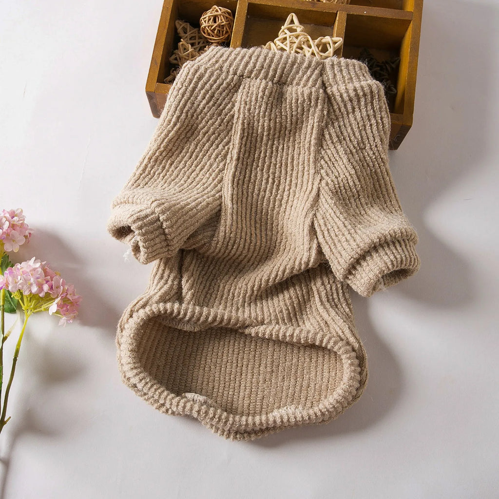 Brown cloth dog sweater pullover for small breeds on model dog