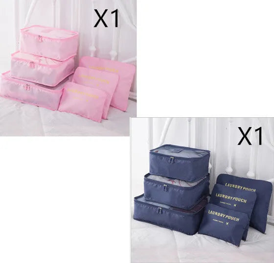 6 PCS travel storage bag set in polyester with handbag shape, multiple colour options for clothes and cosmetic organisation