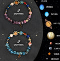Set of two natural stone beaded bracelets with zodiac sign designs on a neutral background.