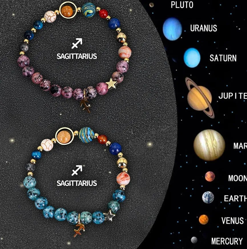 Set of two natural stone beaded bracelets with zodiac sign designs on a neutral background.