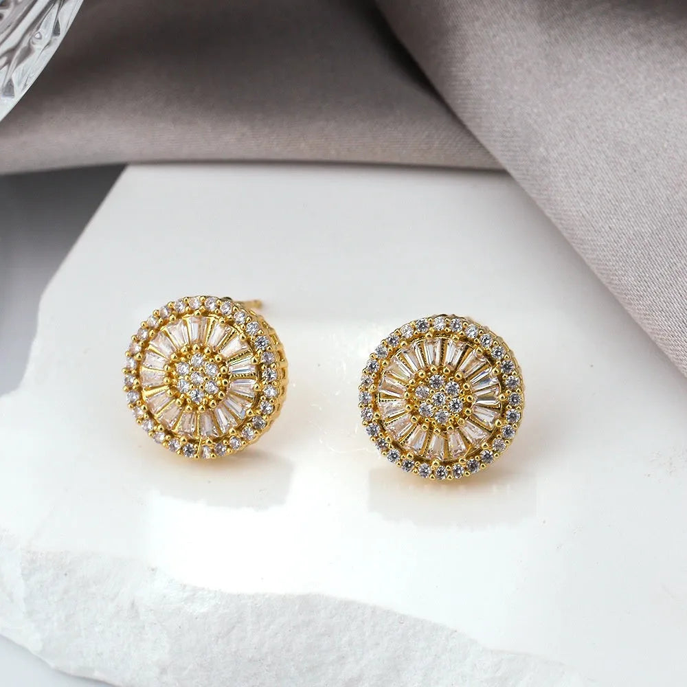Copper geometric round earrings with electroplated gold finish and circular pattern design