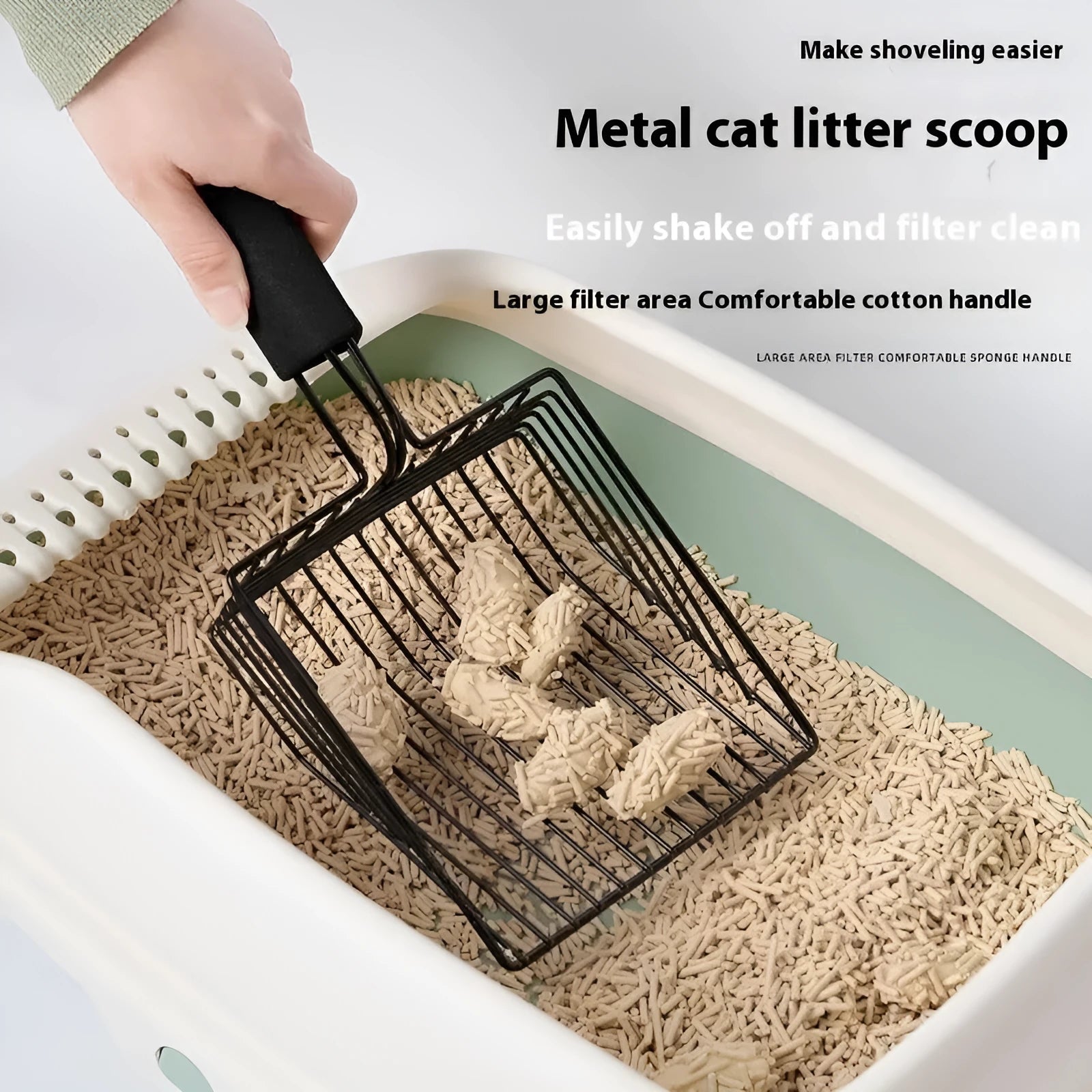 Black alloy metal cat litter scoop showing 0.8cm mesh detail