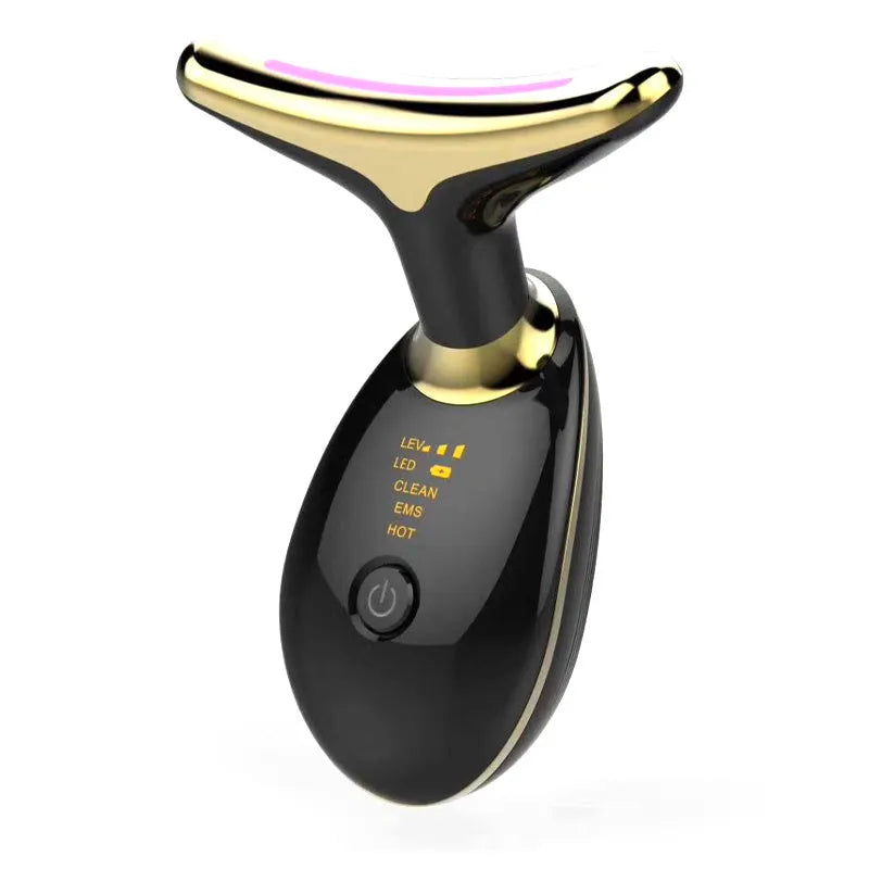 White EMS thermal neck massager device with LED lights on a skincare stand.