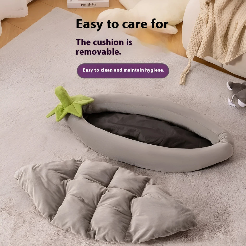Removable washable dog bed mat in cloth fabric, shown in purple colour on a wooden floor.