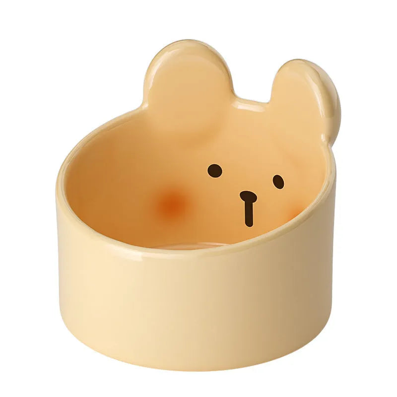 Ceramic pet feeding bowls with neck protection design in white rabbit and brown bear patterns