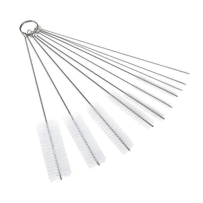 Nylon cleaning brush set with stainless steel handles for straws and bottles in multiple pack sizes