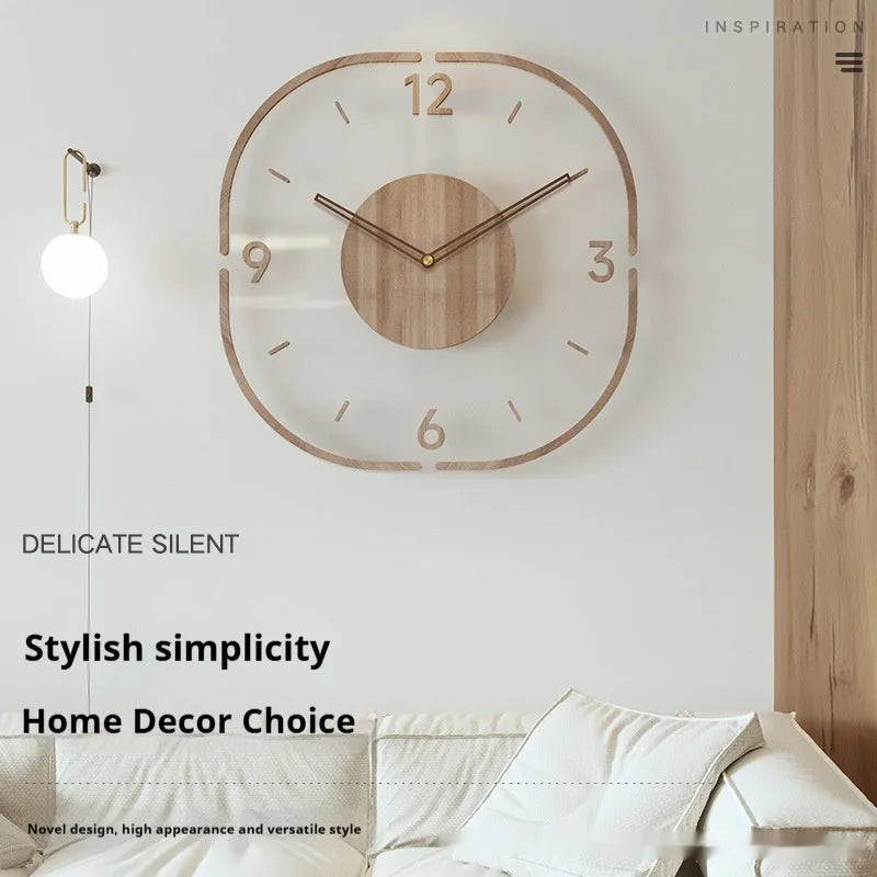 35cm transparent wooden frame wall clock with modern design on wall