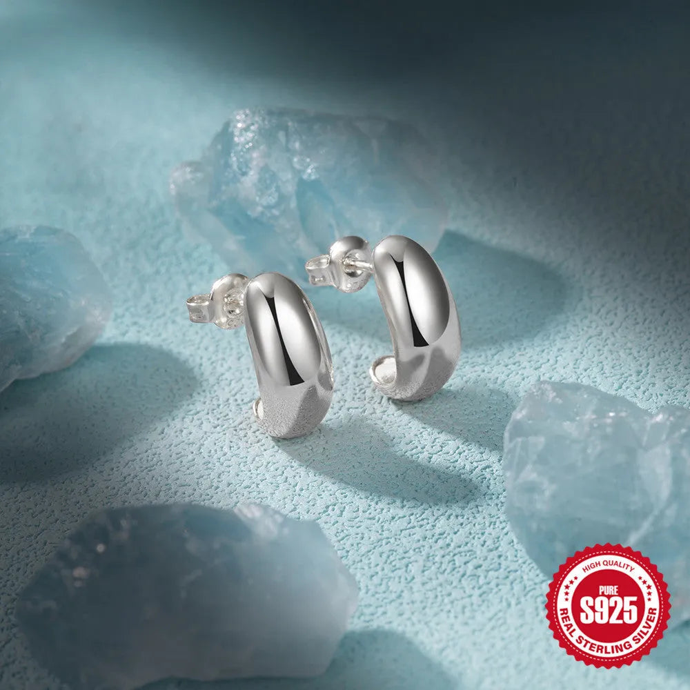 S925 sterling silver C-shaped stud earrings with glossy gold electroplated finish