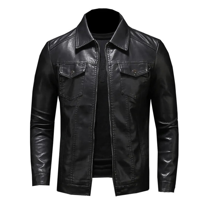 Men's thin artificial leather motorcycle jacket in black with zipper and loose fit