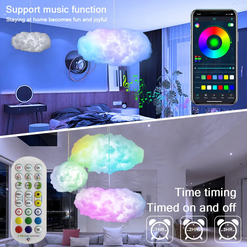 White fabric cloud shaped ambient light with colourful LED lighting, hanging from ceiling with USB cable.