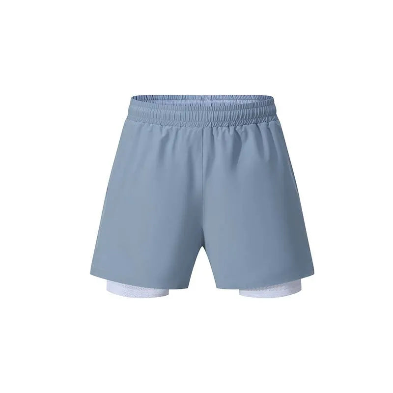 Men's black double-layer running shorts with high elastic waist for summer fitness.