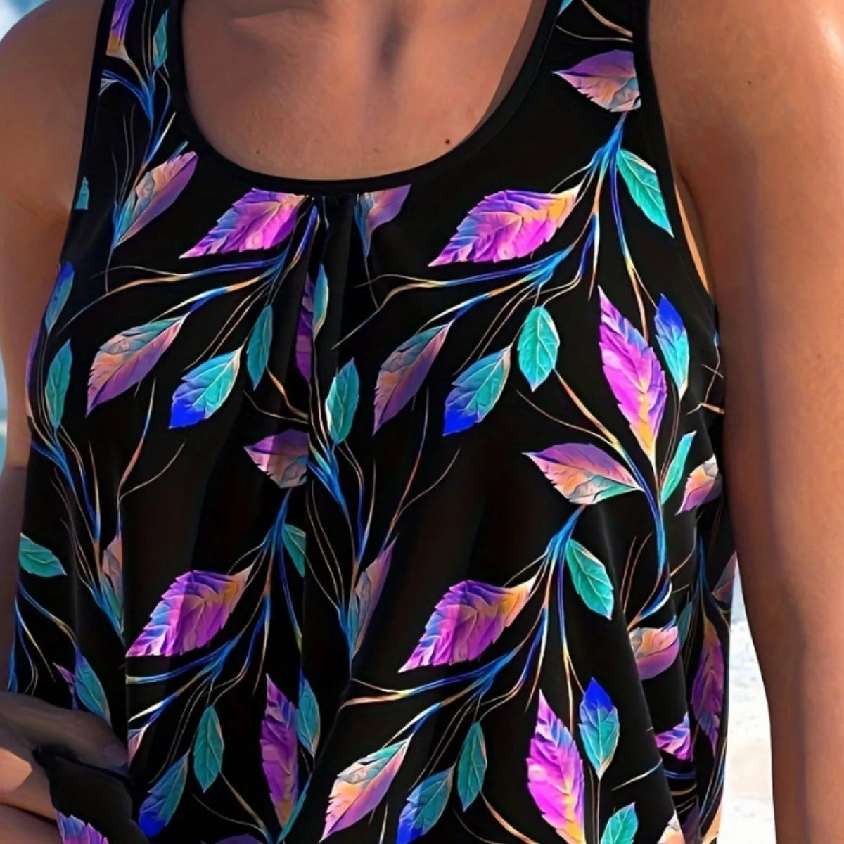 Women's split fashion leaf swimsuit set with matching shorts in solid colour
