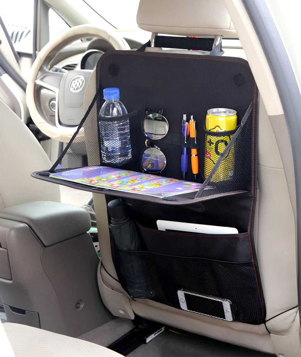 Black Oxford cloth car seat back storage bag with multi pockets and red stitching, 38x60cm
