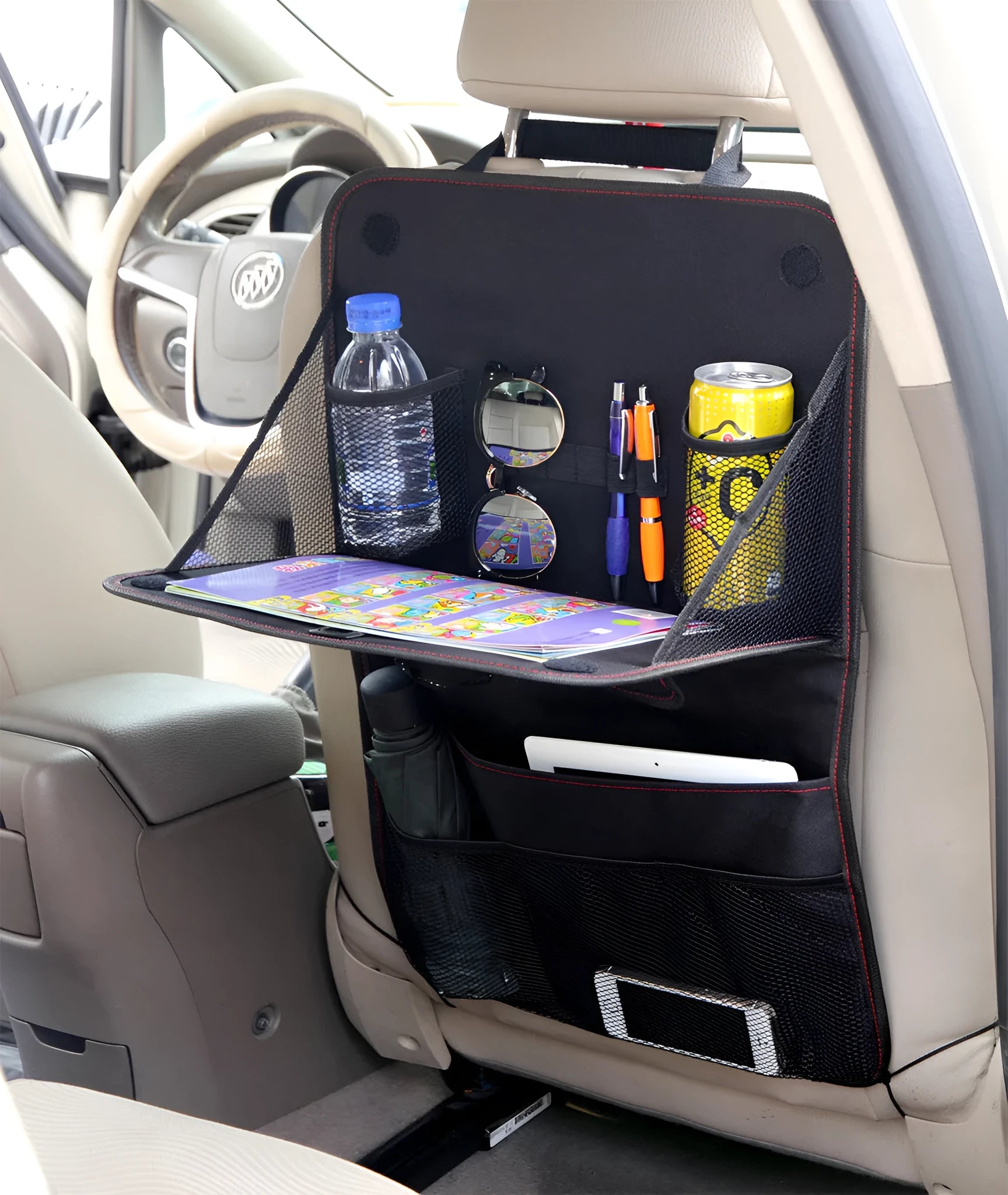 Black Oxford cloth car seat back storage bag with multi pockets and red stitching, 38x60cm