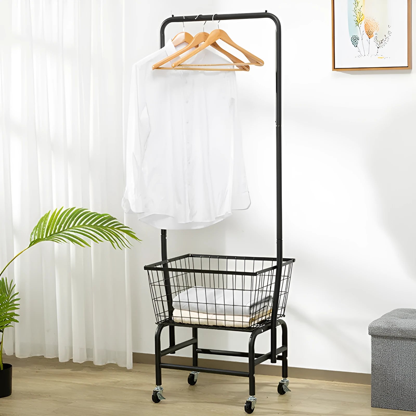 Iron single rod pulley storage car on wheels in black or white colour.