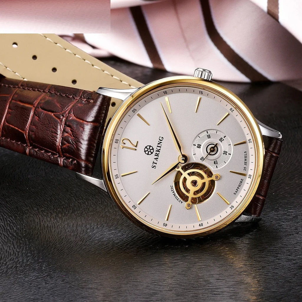 Men's automatic waterproof business watch with brown leather strap and stainless steel case