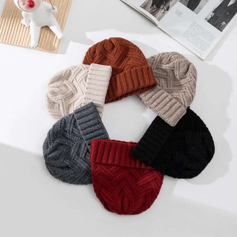 Wool knitted dome crown winter hat with totem pattern in six colour options