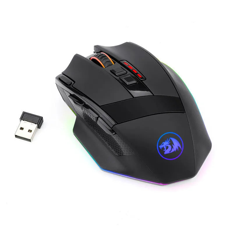 Black Redragon M801P dual-mode wireless and wired gaming mouse with nine buttons on an ergonomic rat-sized body.