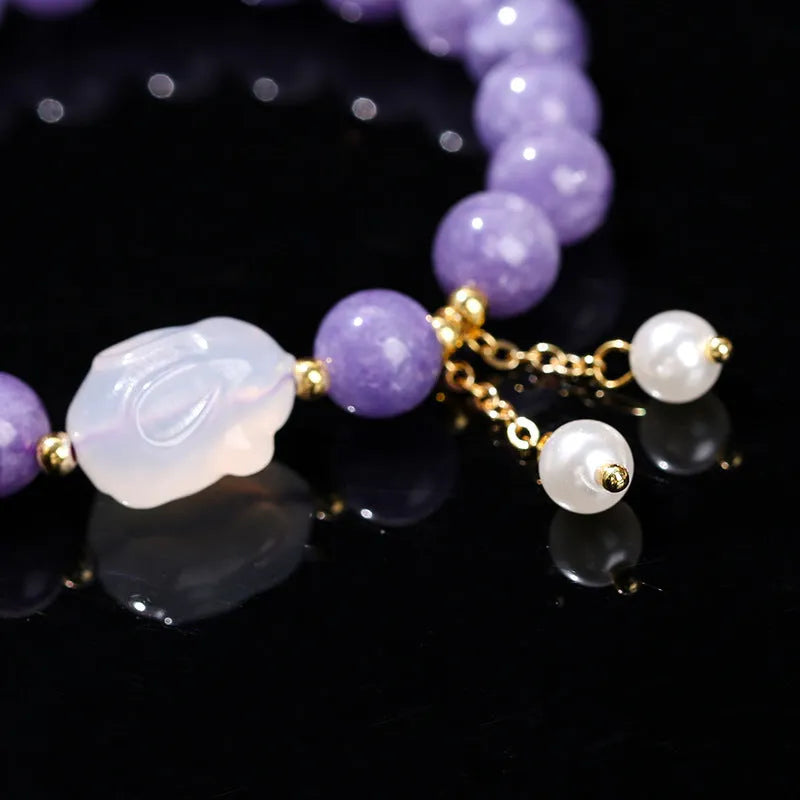 Purple aquamarine chalcedony lychee jelly agate rabbit bracelet with geometric round beads