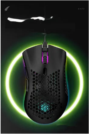 Hollow out design wireless mouse with luminous charging feature in cyan colour showing compact dimensions