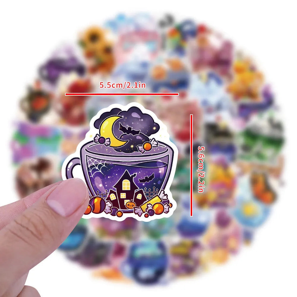 Colourful tea cup graffiti design waterproof stickers, 50-piece pack for DIY personalisation.