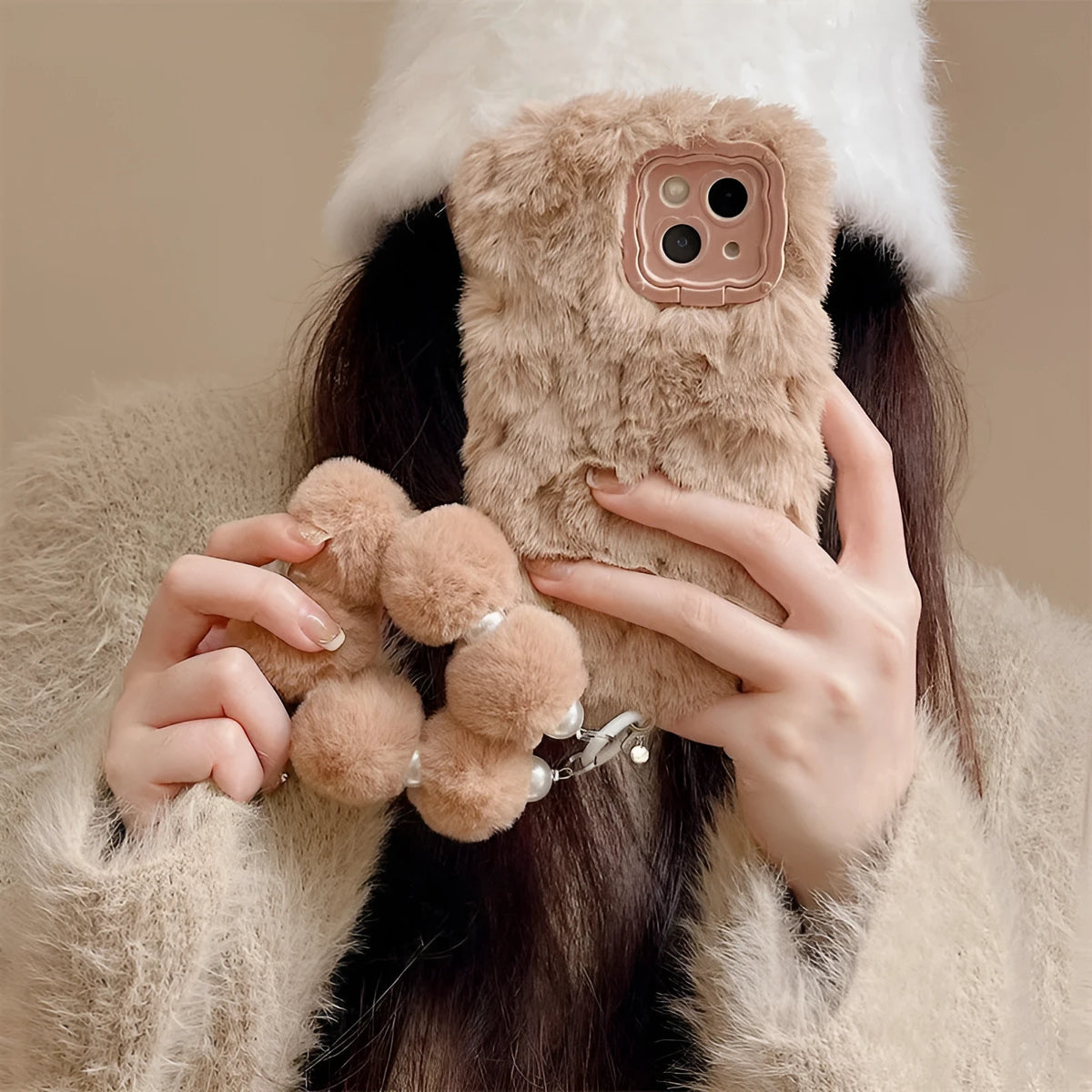 Plush flannel phone case with brown hollow bracket and chain lanyard for Huawei and iPhone