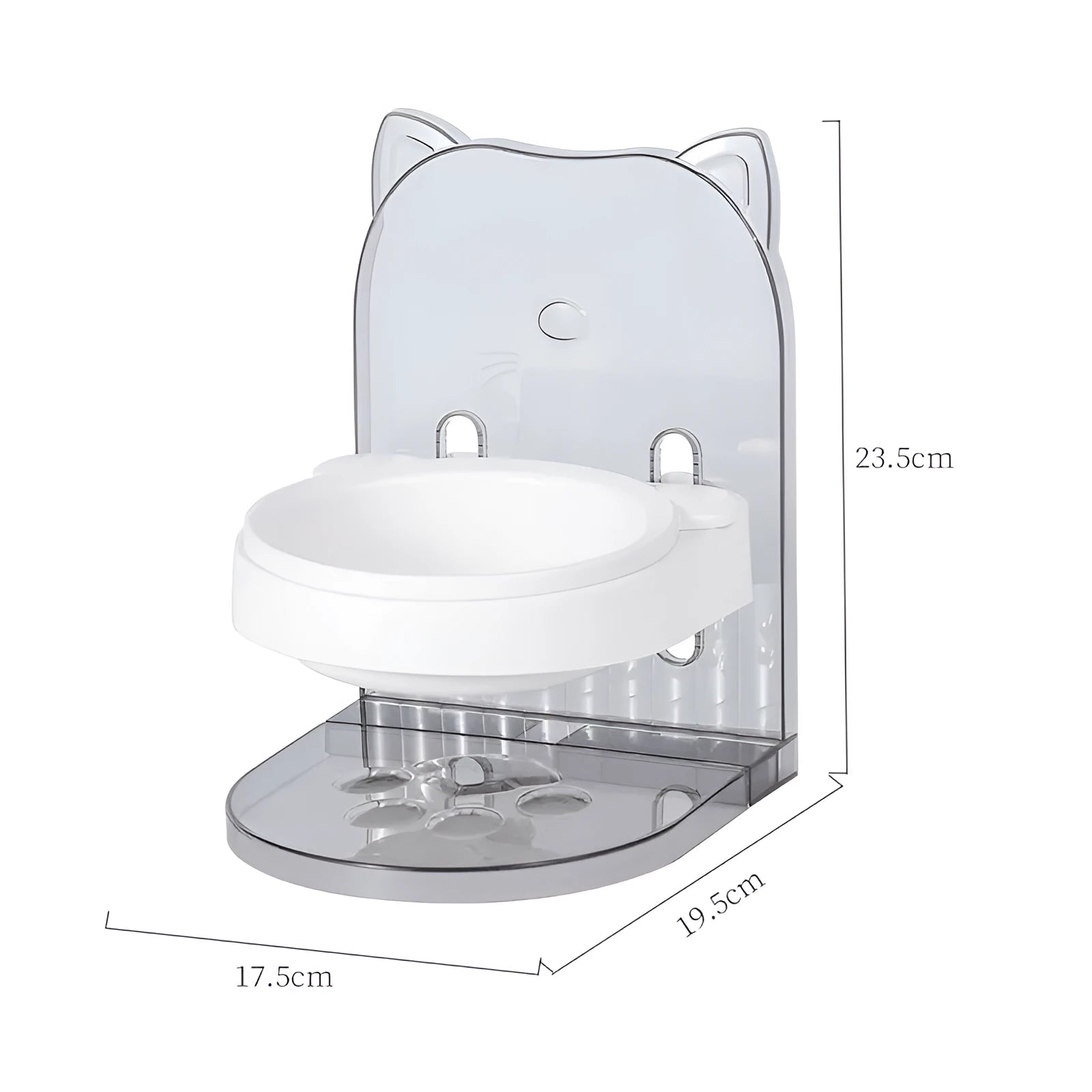 Grey cat food bowl with protective cat ear design around rim for neck protection during feeding