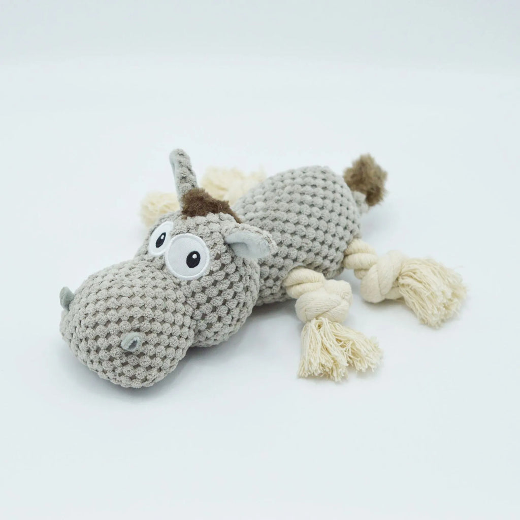 Grey donkey plush dog toy with creak sound measuring 27x20x9.5cm