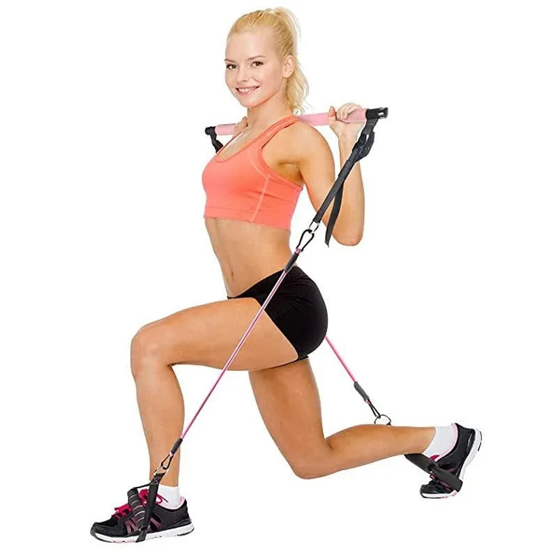 Women's fitness resistance stick set with multiple pink purple black TPE tubes for adjustable strength training