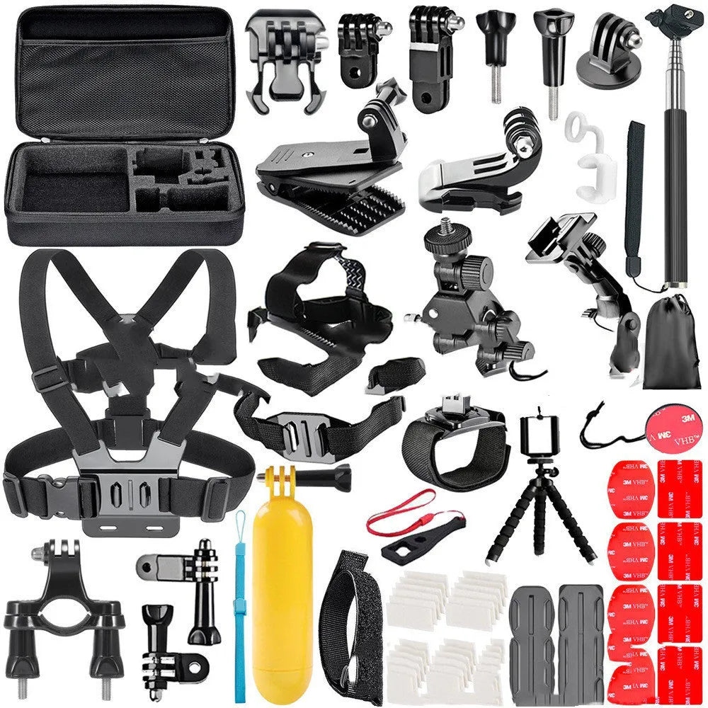 Black GoPro accessory set with chest strap, helmet mount, and tripod adapter for Hero 4 3 2 cameras