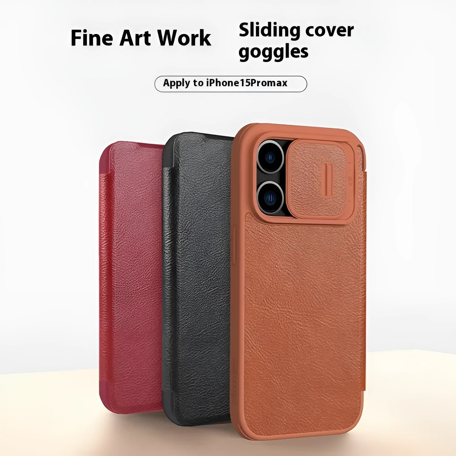 Imitation leather flip phone case for iPhone 15 series in black, brown, and red colours