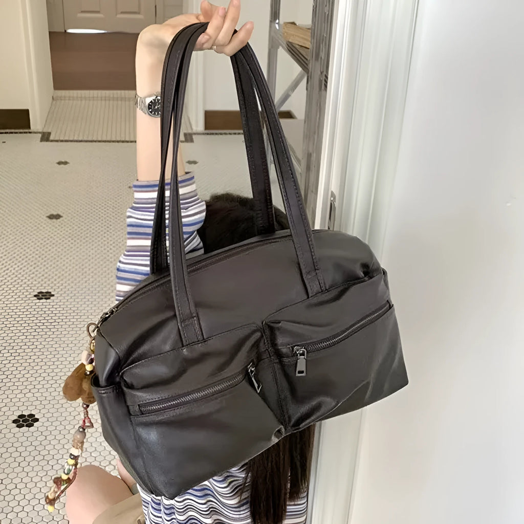 Commute minimalist large capacity one shoulder bag in PU leather retro style brown colour 48x28x11cm