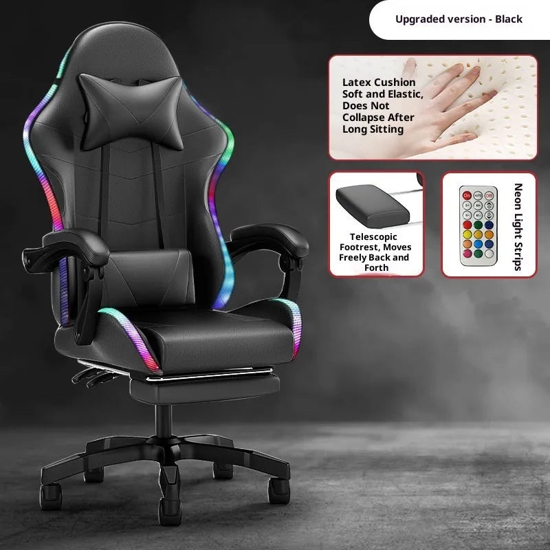 Adjustable reclining massage computer chair in leather with footrest and LED option, e-sports chair for home gaming and office