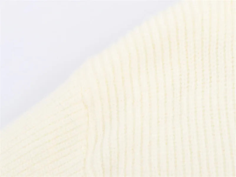 Casual V-neck cuff furry knitted dress for women in white – straight cut long sleeve style
