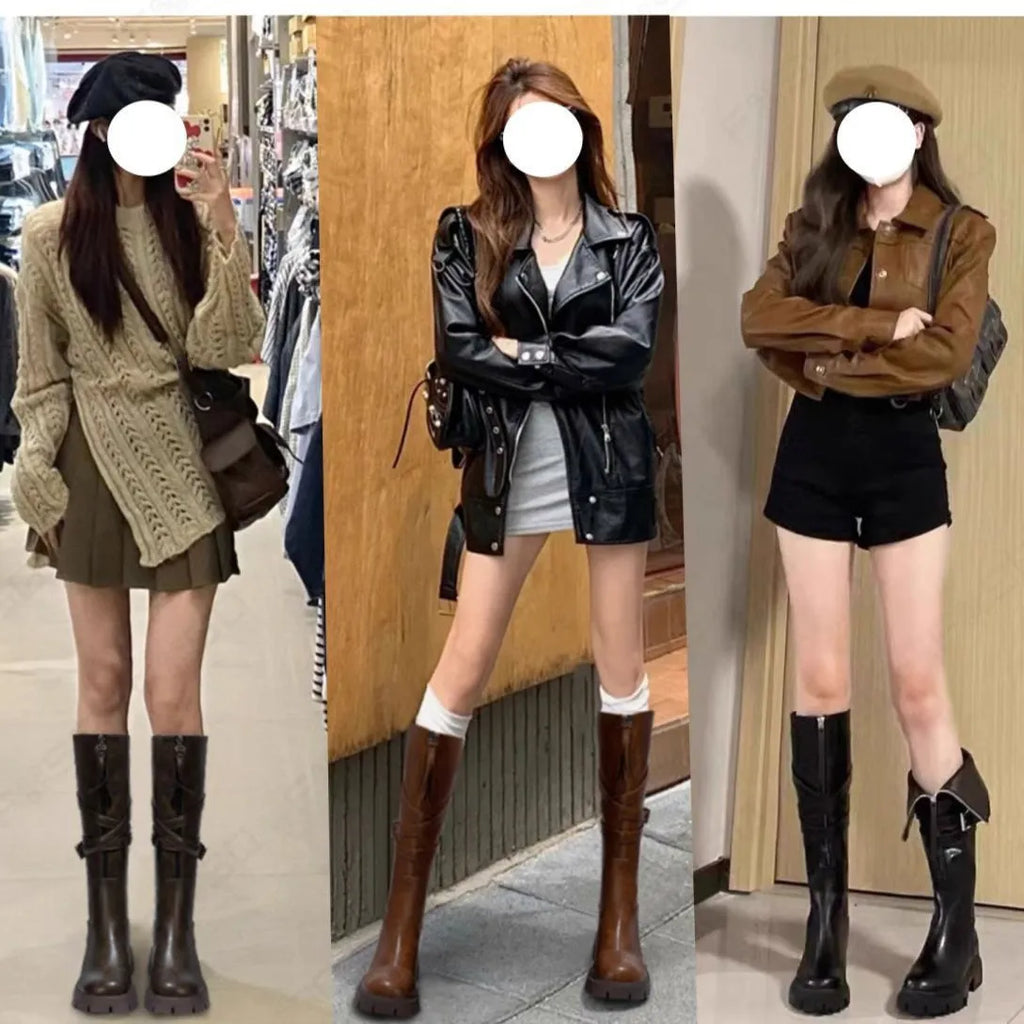 Brown women's riding boots with front zipper, mid heel, round toe, and non-slip rubber sole