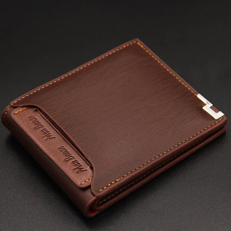 Men's black PU leather short wallet with iron-edge card-picking feature, shown with cards and coins.