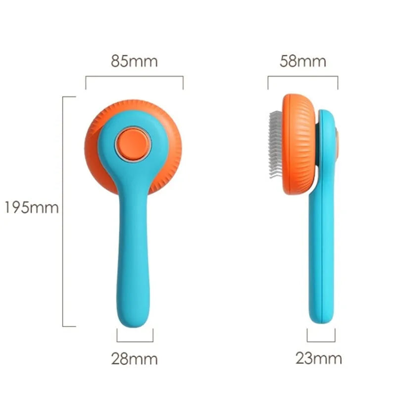 Blue and white self-cleaning pet grooming brush with a slicker comb head for cats and dogs.