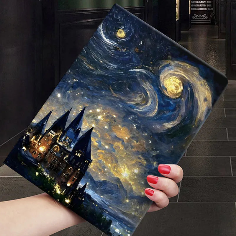Handmade liquid silicone flip case for iPad with floral design artwork on the cover.