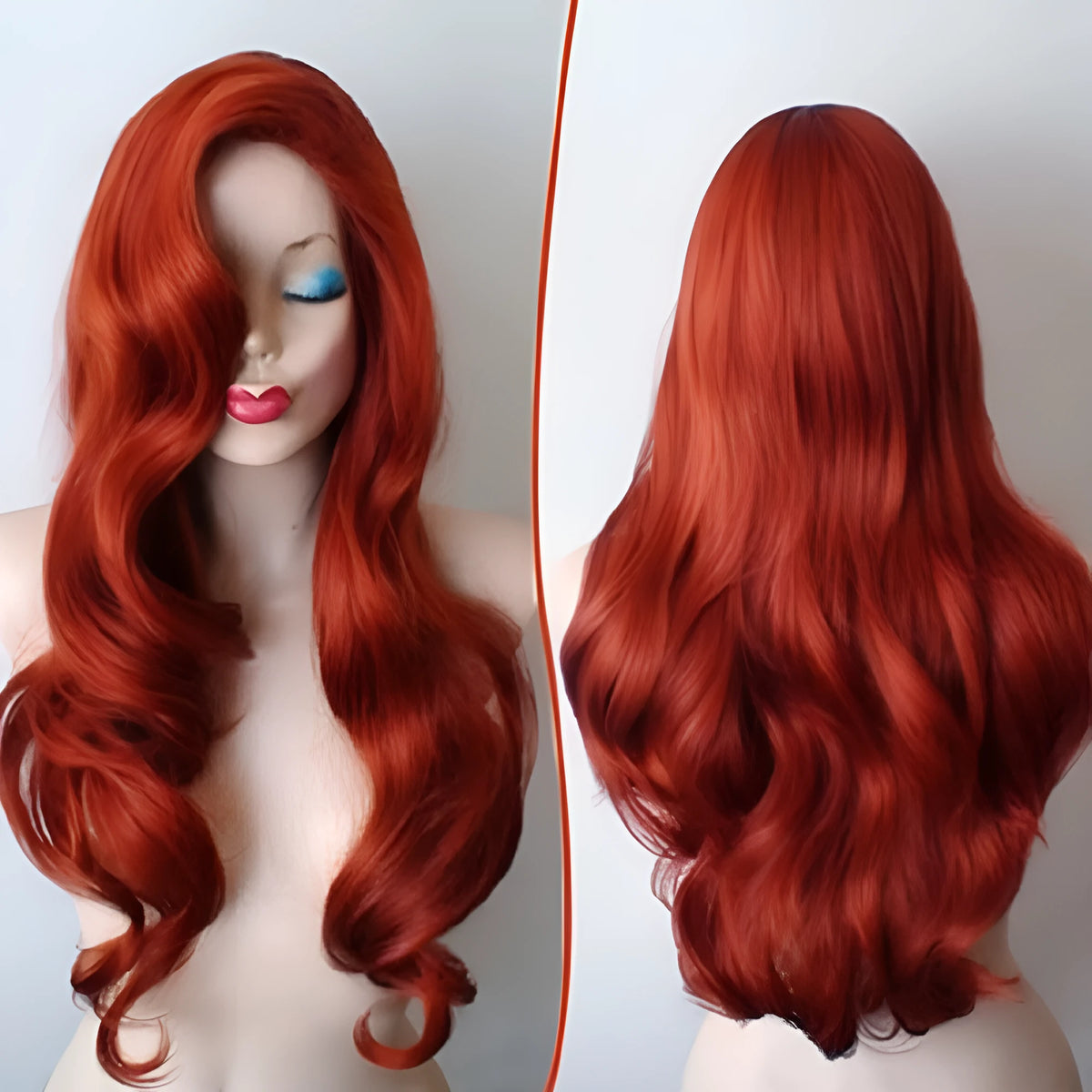 Women's copper red anime long curly wig with 26 inch length on a mannequin head