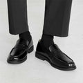 Men's black slip-on Derby leather shoes with a Microfiber upper and rubber sole.