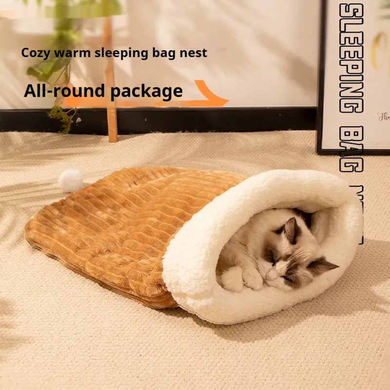 Blue rabbit print flannel cat sleeping bag nest pet bed measuring 50 by 40 centimetres