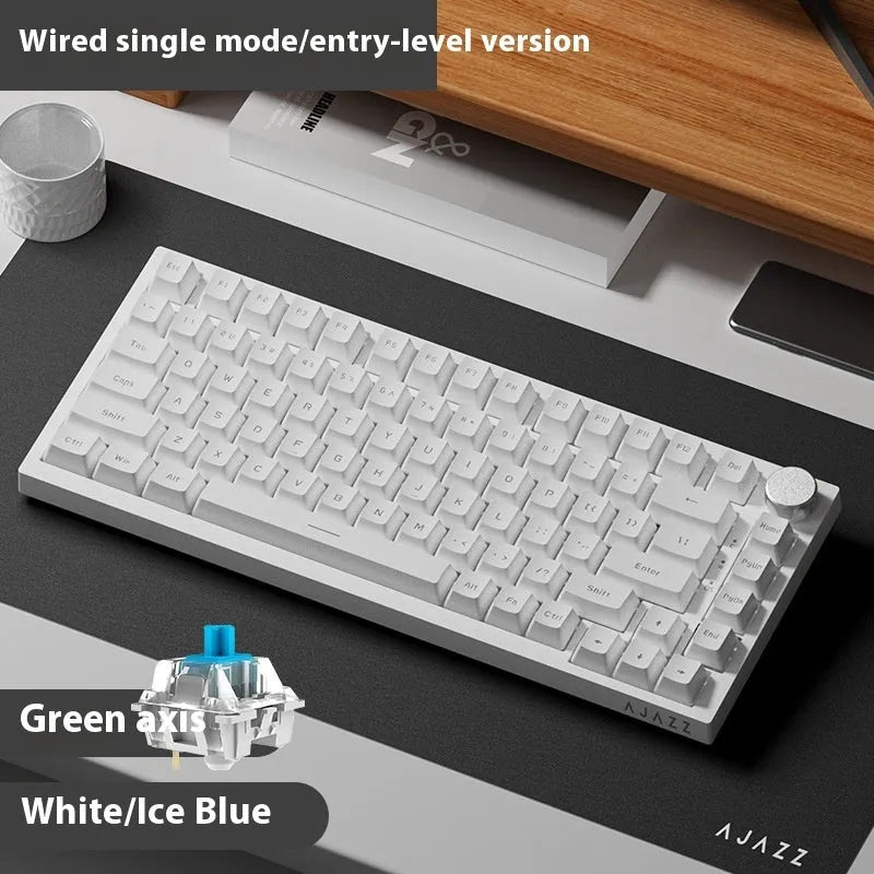 Wireless mechanical keyboard with side-carved PBT keycaps in blue white purple colour, three-mode connectivity, 327x136x40mm