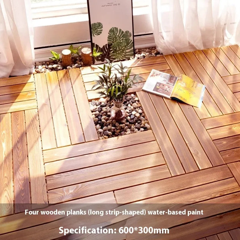 Four square camphor pine wood flooring tiles with a brushed finish, each measuring 30cm by 30cm.