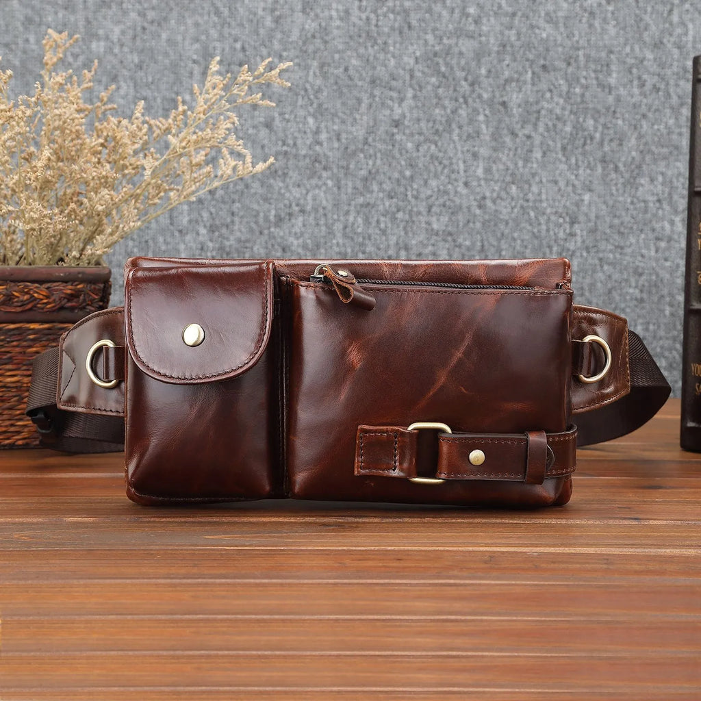 Genuine leather men's belt bag solid colour first layer cowhide wear-resistant waist pack black brown outdoor sports