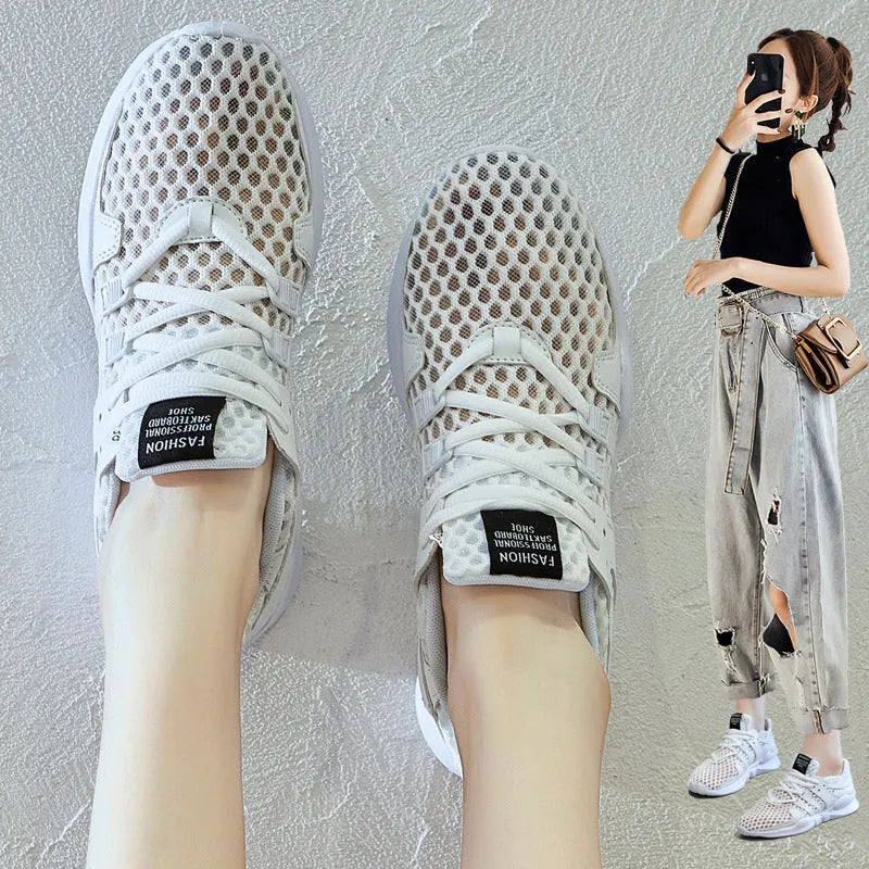 Low-top mesh sneakers with hollow-out design and round toe in various colour options