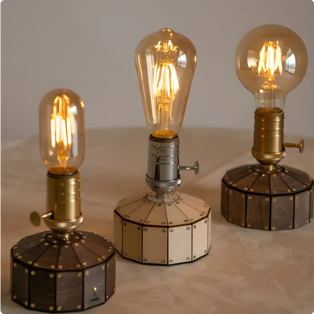 Retro wooden base bedside lamp with glass shade and USB charging cable on a table.