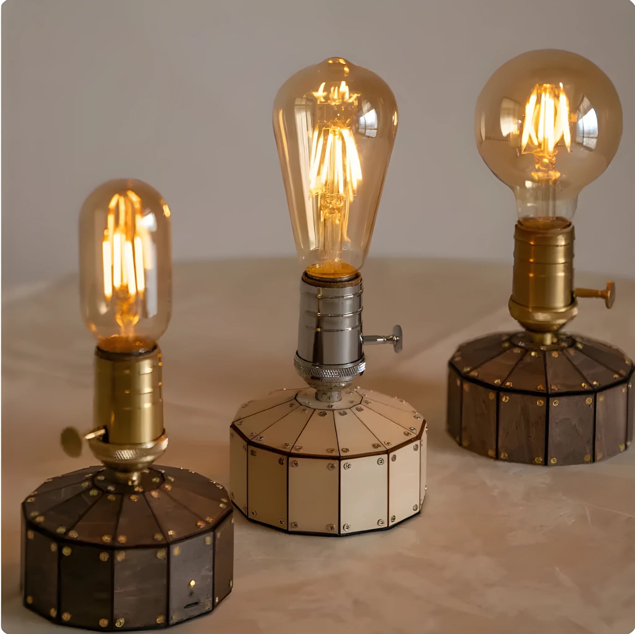 Retro wooden base bedside lamp with glass shade and USB charging cable on a table.
