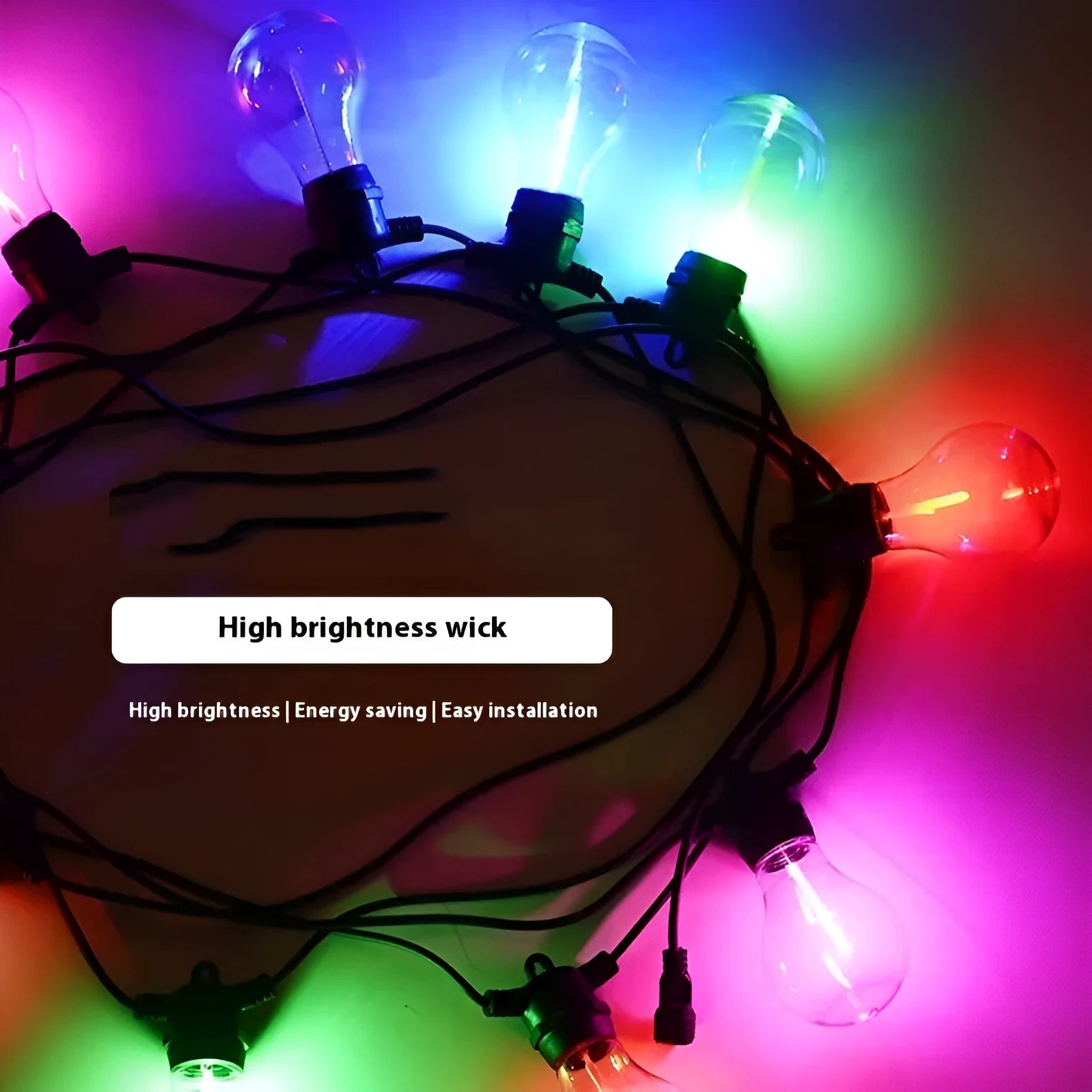 Outdoor decorative string lights with 10 A60 transparent case meteor bulbs on 5 metre waterproof cord