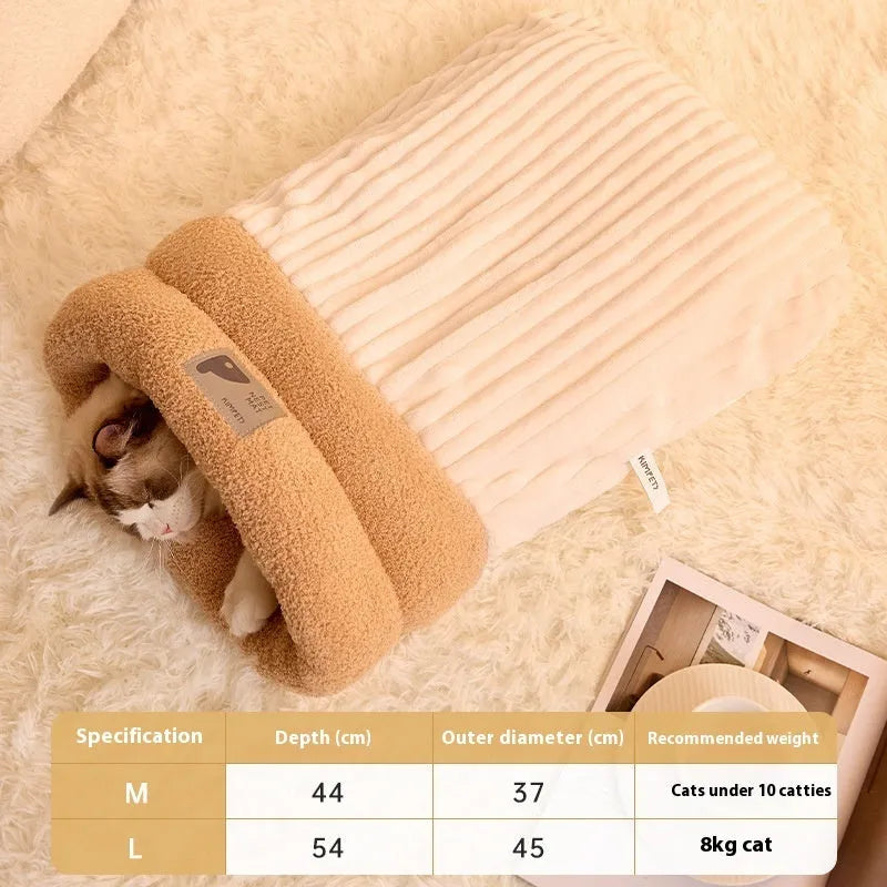 Brown semi-enclosed cat sleeping bag with lambswool lining on wooden floor