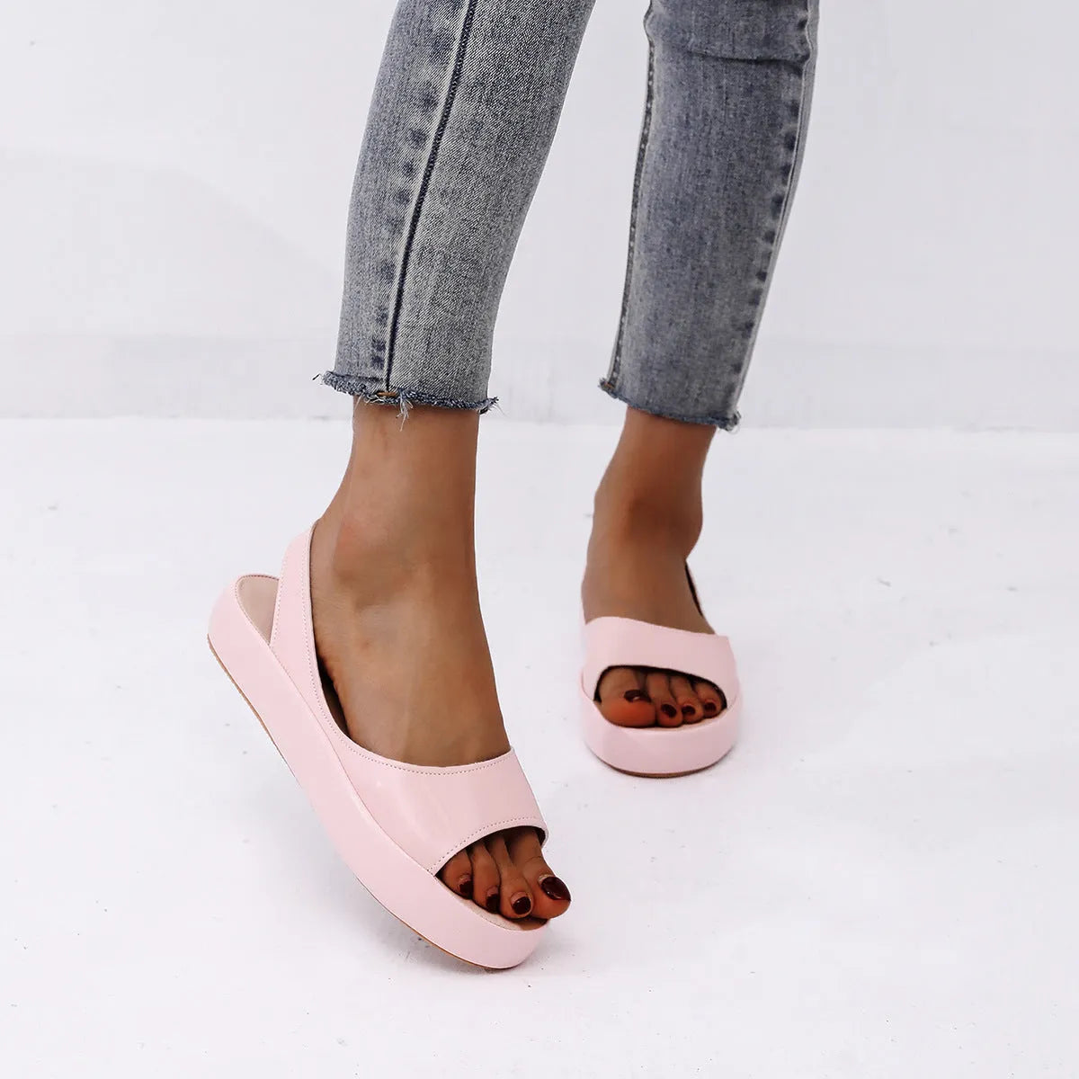 Women's solid colour fish mouth flat sandals with back strap, artificial PU upper, rubber sole